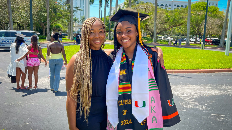 Hope Brown, left, of West Palm Beach, and her daughter, Brianna Benjamin, who graduated with a bachelor’s degree in global health on Friday, May 10. Photo: Janette Neuwahl Tannen/University of Miami